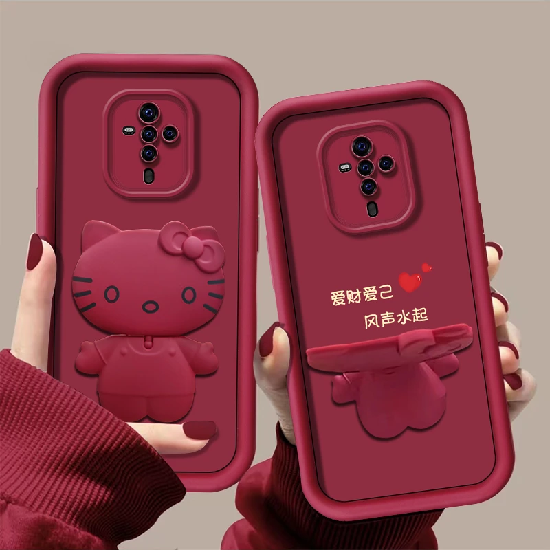 爱财爱己【vivos6】手机壳猫咪支架酒红色创意可爱卡通全包防摔女款