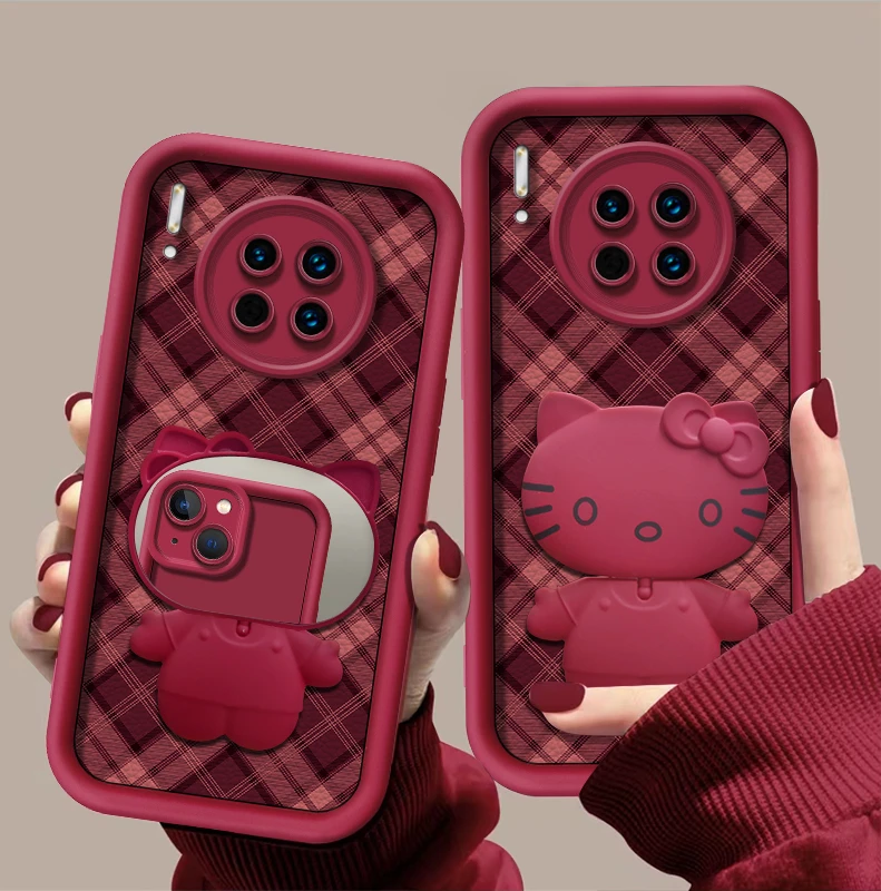 适用于【华为mate30pro】秋冬新款小羊皮布纹猫咪支架创意手机壳女