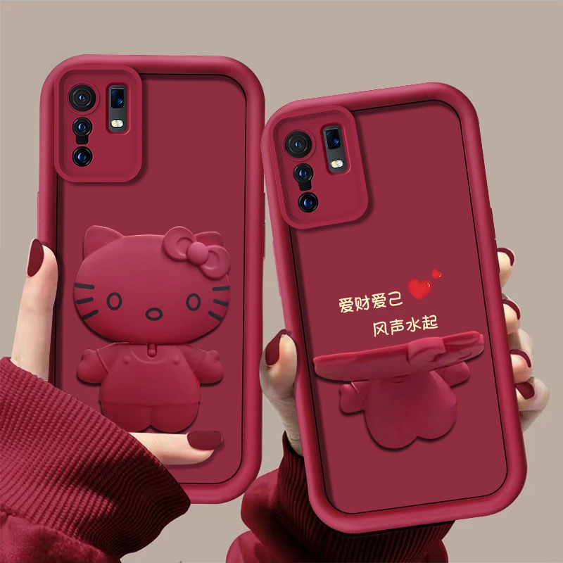 爱财爱己【VIVOX30/X30PRO】手机壳猫咪支架酒红色可爱卡通防摔女款