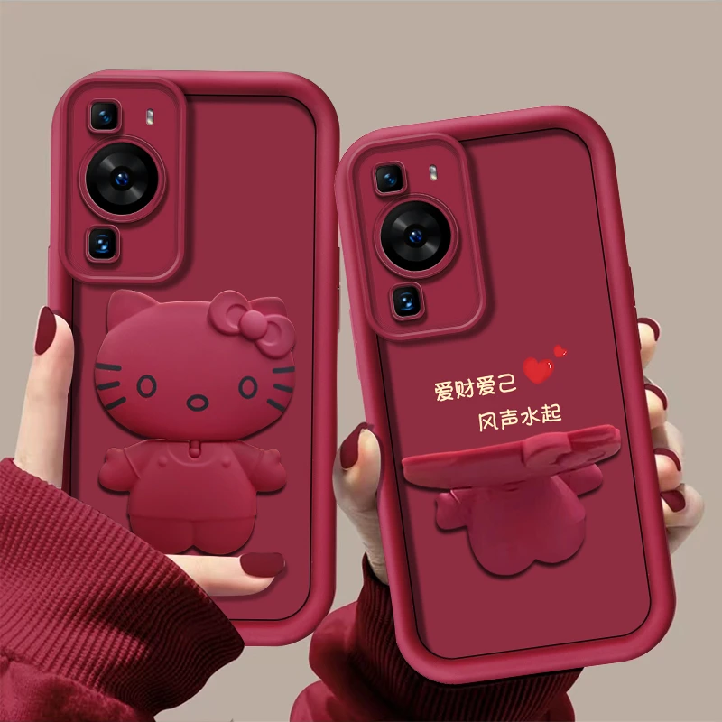 适用【华为p60pro】爱财爱己猫咪支架手机壳创意可爱卡通全包防摔女