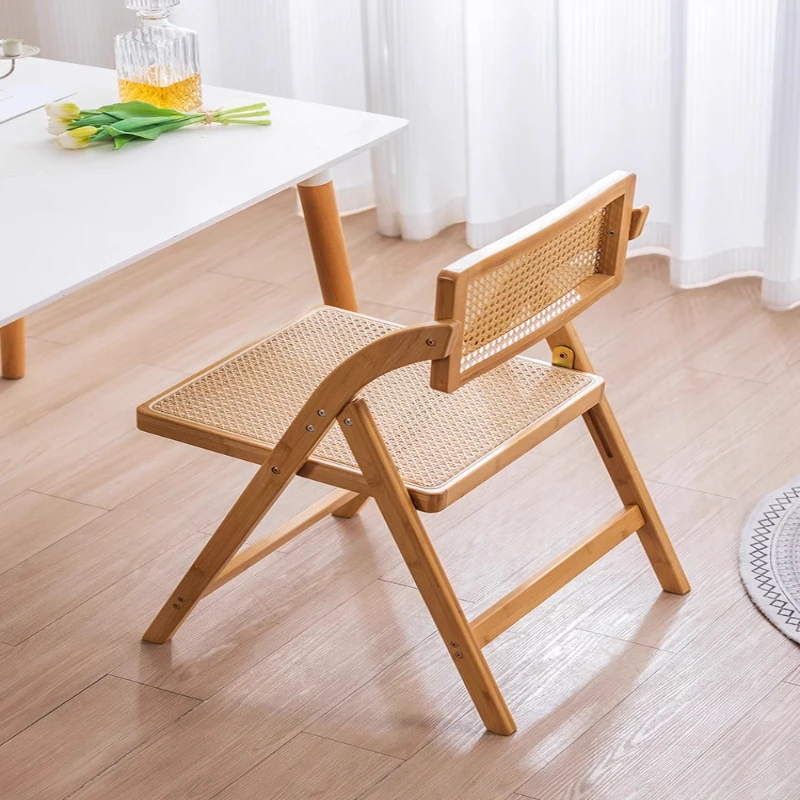 藤编折叠餐椅家用原木风餐桌凳子实木靠背椅子日式餐厅家用摇摇椅