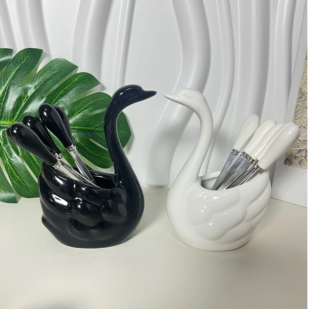 304不锈钢天鹅水果叉套装陶瓷家用安全水果签收纳罐轻奢高级感