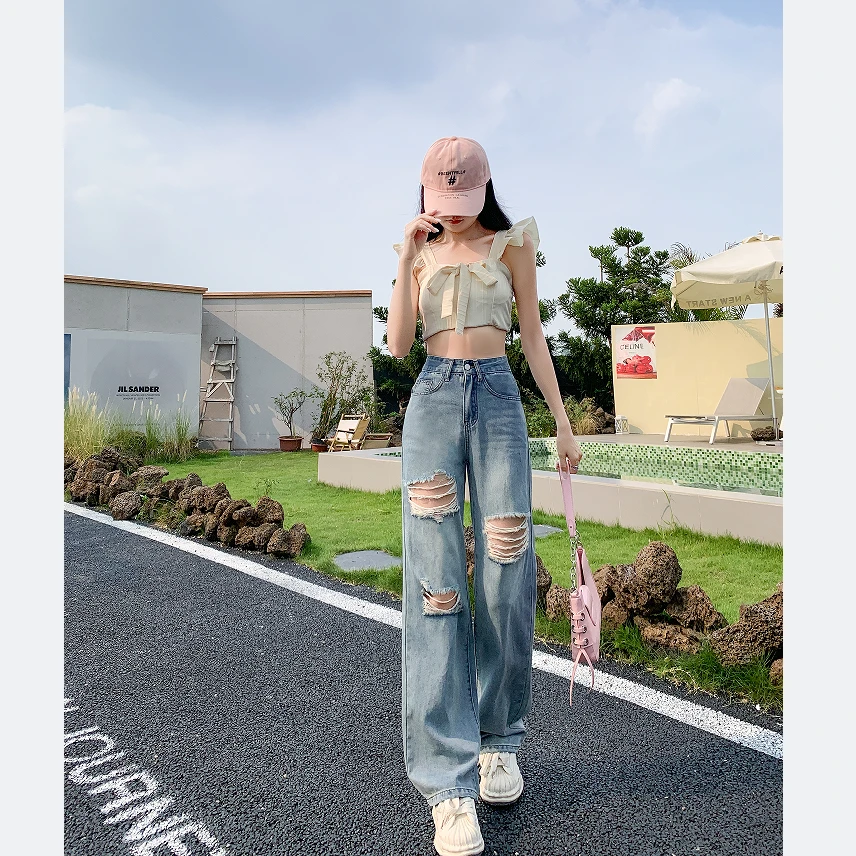 2161#新款破洞直筒高腰显瘦百塔显腿长牛仔裤百搭夏季复古小众