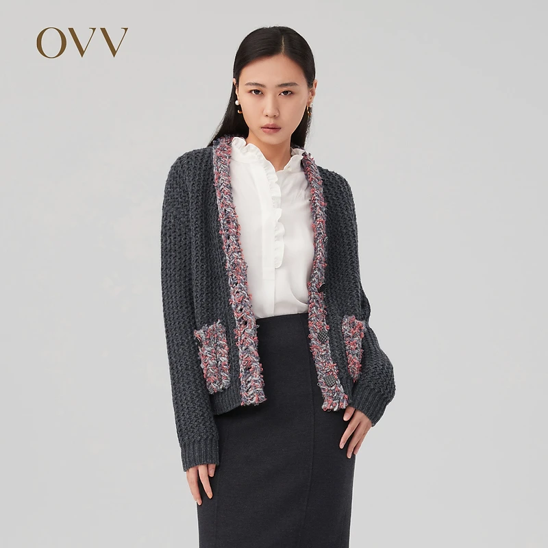 【高级感】OVV秋冬新款女装撞色羊毛手工感针织开衫针织开衫女