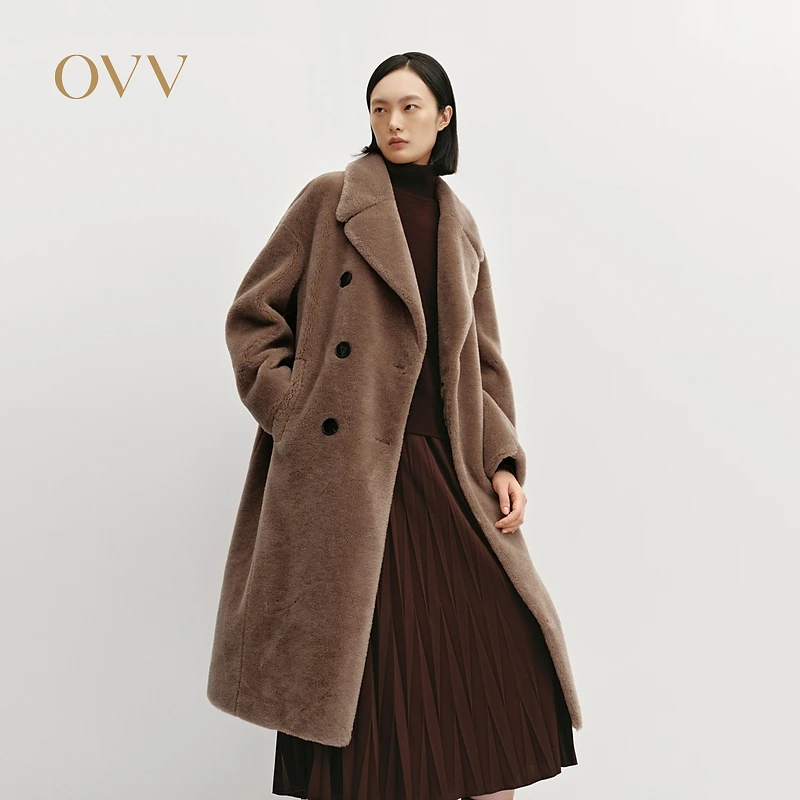 OVV秋冬新款女装经典平驳领复古双排扣保暖羊毛大衣GWDAJ44112A