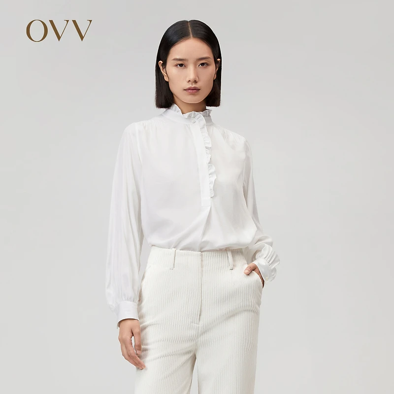 OVV秋冬新款女装肩部缩褶优雅木耳花边立领长袖休闲衬衣