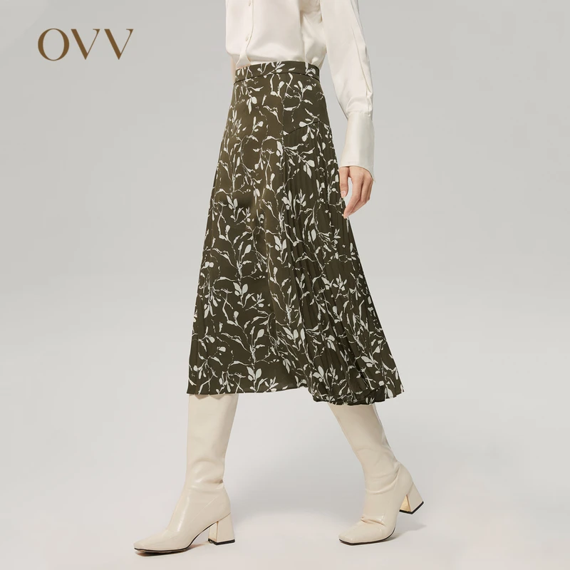 OVV秋冬新款女装橄榄绿印花花纹压褶舒适休闲半身裙