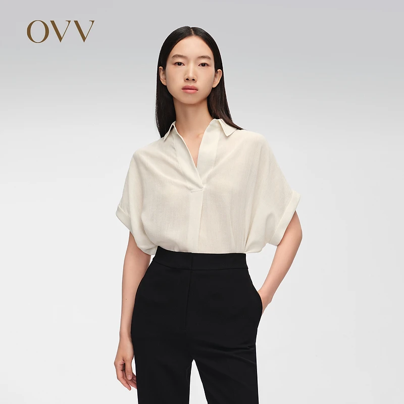OVV春夏热卖女装进口三醋酸面料翻领短袖衬衫GNSBJ005A