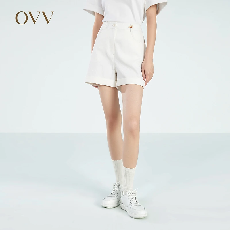 【易搭白色】OVV春夏新款女装舒适挺括有型翻边休闲短裤GKSCJ23005A