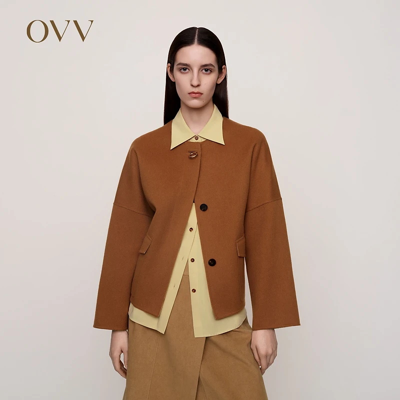 OVV秋冬新款女装羊毛混纺圆领双面异色呢休闲夹克外套