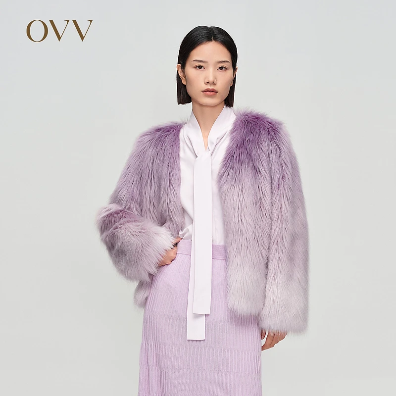 OVV秋冬新款女装皮草柔软舒适紫色提花渐变环保皮草大衣