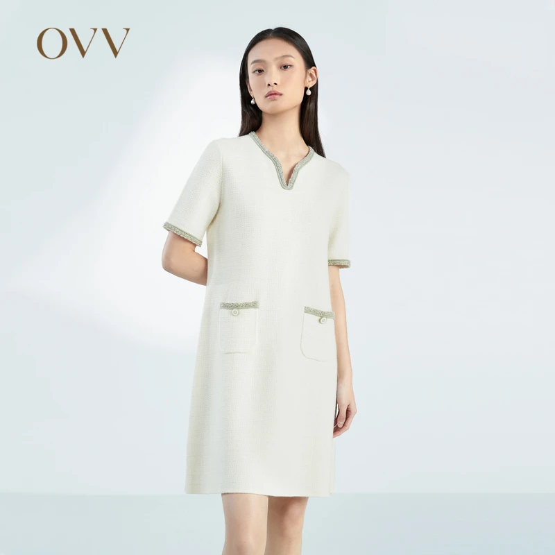 OVV春夏新款女装撞色花纱镶边V领短袖针织裙GQZZJ13008A