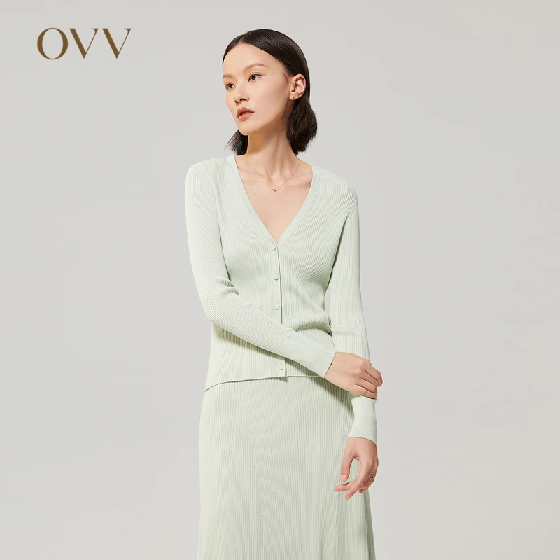OVV秋冬新款女装桑蚕丝棉混纺V领打底长袖针织开衫女GNZAJ32108A