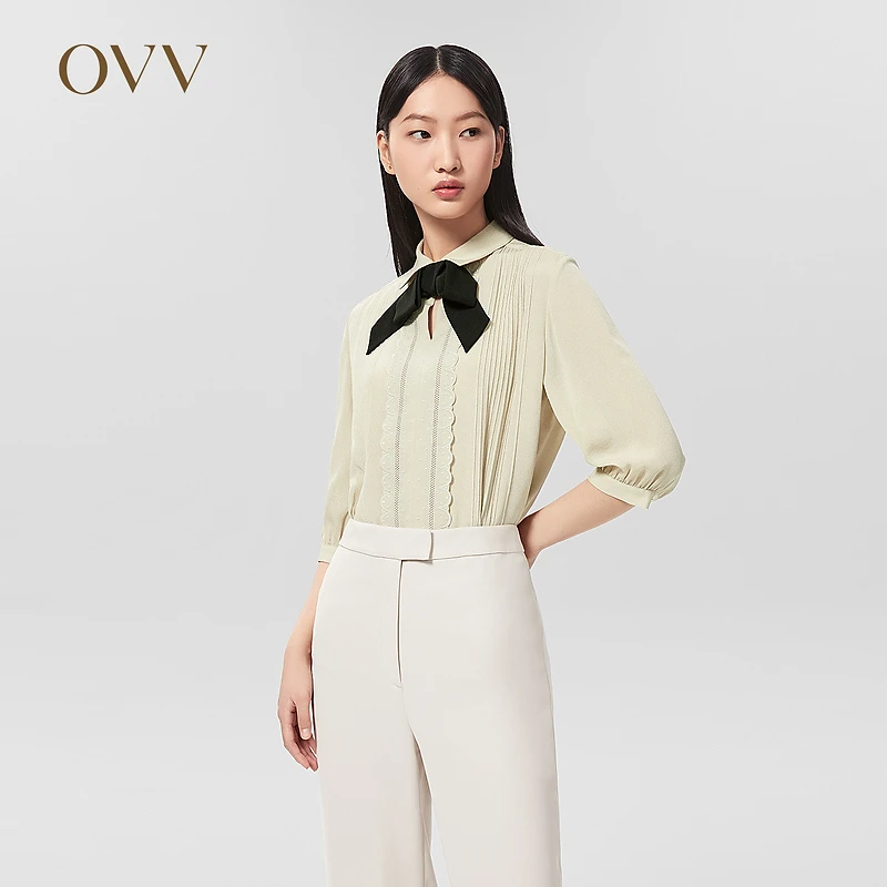 【重磅真丝】OVV春夏女装22MM鬼绉撞色短袖衬衫GNSBJ22006A