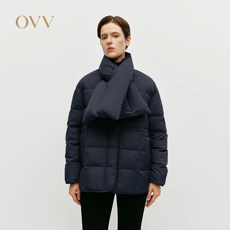 OVV秋冬新款女装格子绗线轻薄可拆卸围巾羽绒服外套GWRAJ44105A