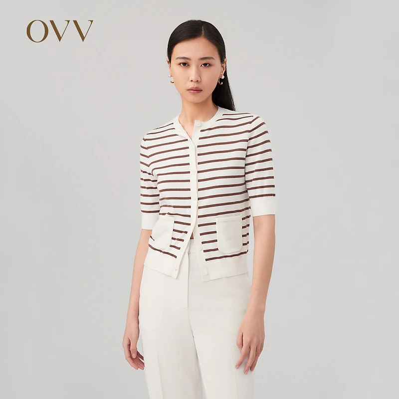 OVV秋冬新款女装丝羊毛混纺经典条纹圆领短袖针织开衫