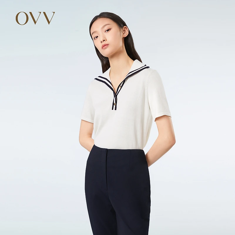 OVV春夏新款女装丝棉混纺半开襟海军风短袖针织衫GNZBJ13006A