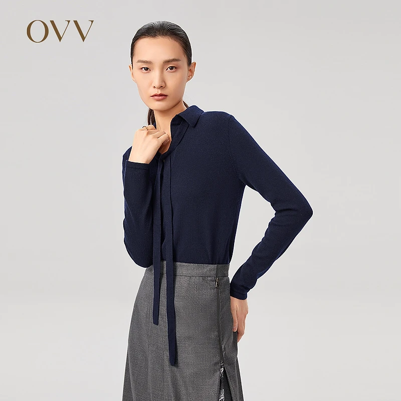 【高级感】OVV秋冬新款羊绒混纺POLO领飘带装饰长袖针织GNZRJ41106A