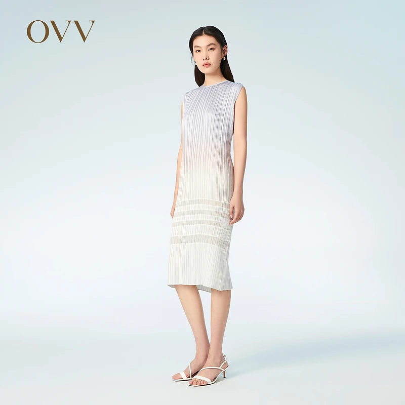 OVV2023春夏新款女装渐变印花褶皱肌理感中长款无袖气质连衣裙