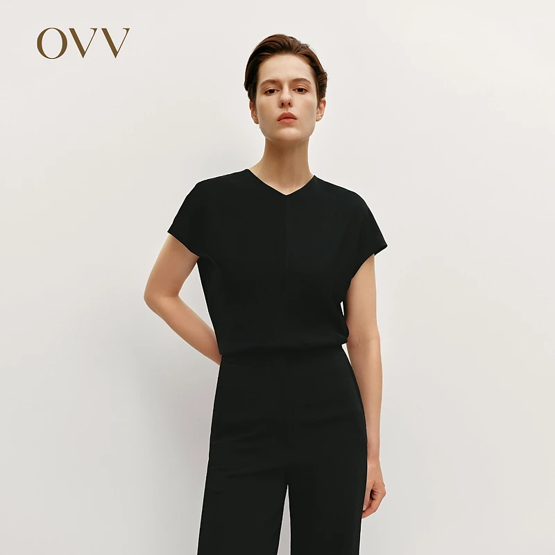 OVV秋冬新女装缎面醋酸混纺V领斜裁微落肩收腰上衣