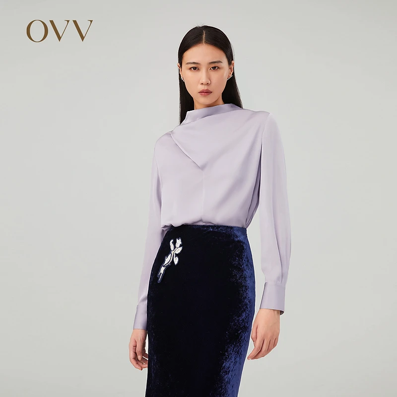 OVV秋冬新款女装22MM弹力双乔桑蚕丝荡领混纺长袖休闲衬衣