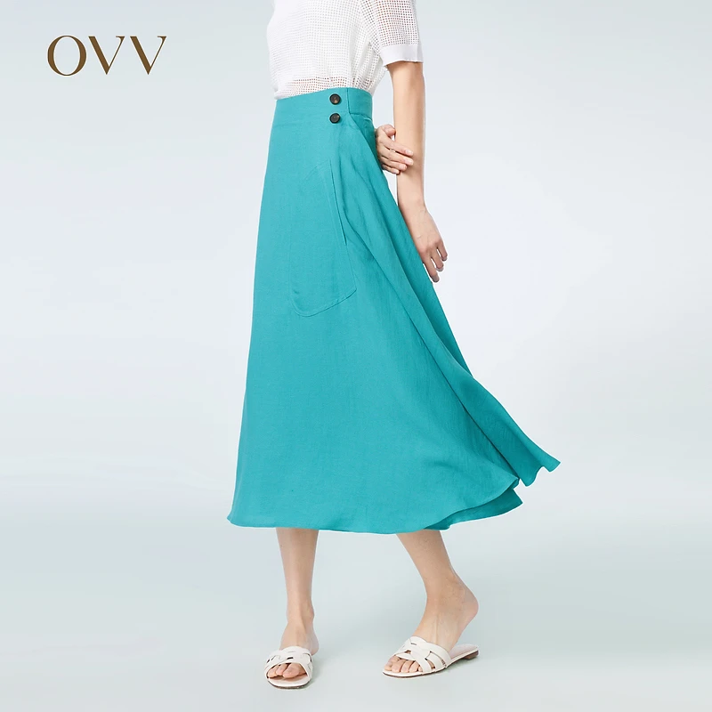 OVV春夏新款女装复古时髦飘逸灵动亚麻混纺简洁A字单裙