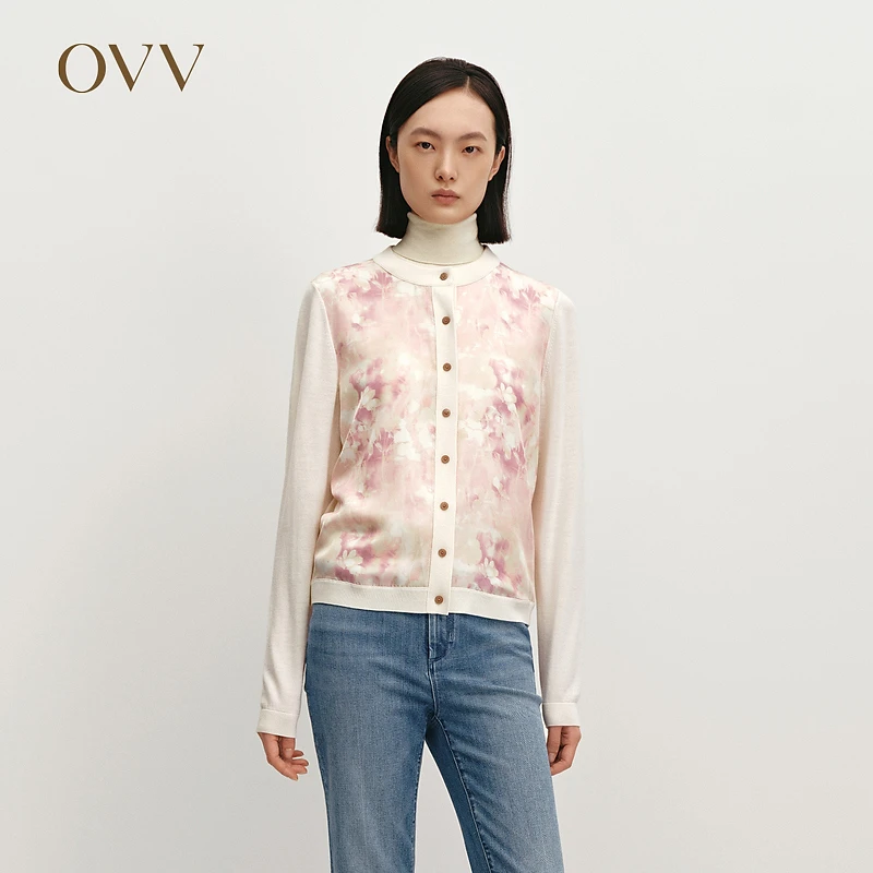 【黄金羊毛】OVV秋冬新款女装时尚印花长袖针织开衫GWZAJ34101A