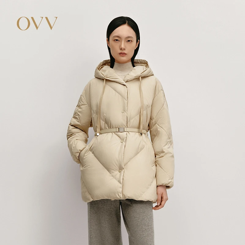 OVV秋冬新款女装中长款连帽随附腰带直筒保暖羽绒服GWRAJ44108A