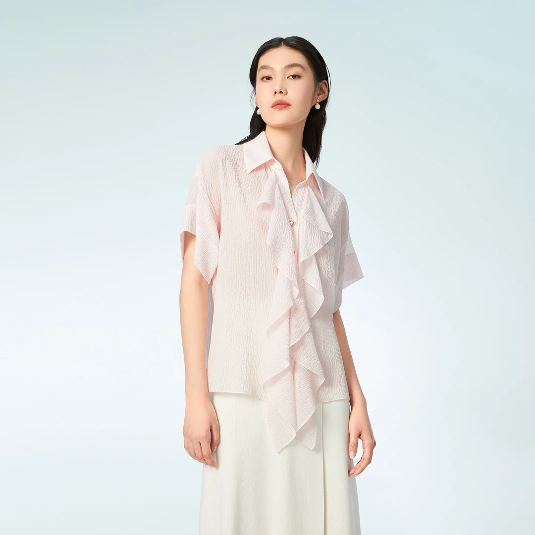 【桑蚕丝】OVV春夏新款女装撞色复古荷叶边短袖衬衫GNECJ23009A
