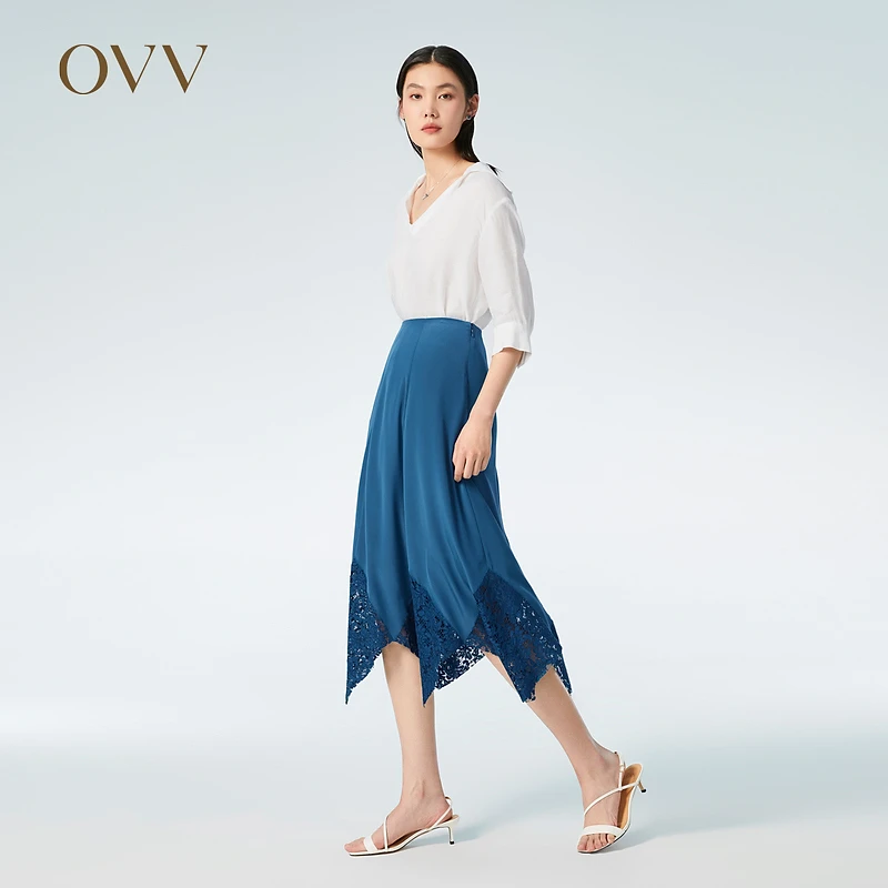 OVV春夏新款女装蕾丝拼接A字伞裙时尚休闲半身裙GQDDJ13006A