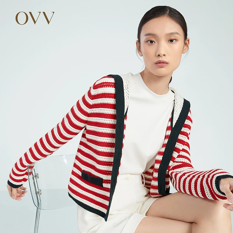 OVV春夏新款女装新疆棉条纹海军领法式风格针织外套GWZAJ13003A