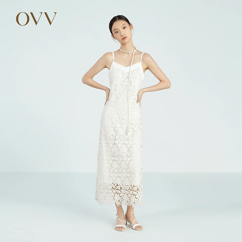【蕾丝吊带裙】OVV春夏新款女装不规则垂坠吊带连衣裙GQLDJ23005A