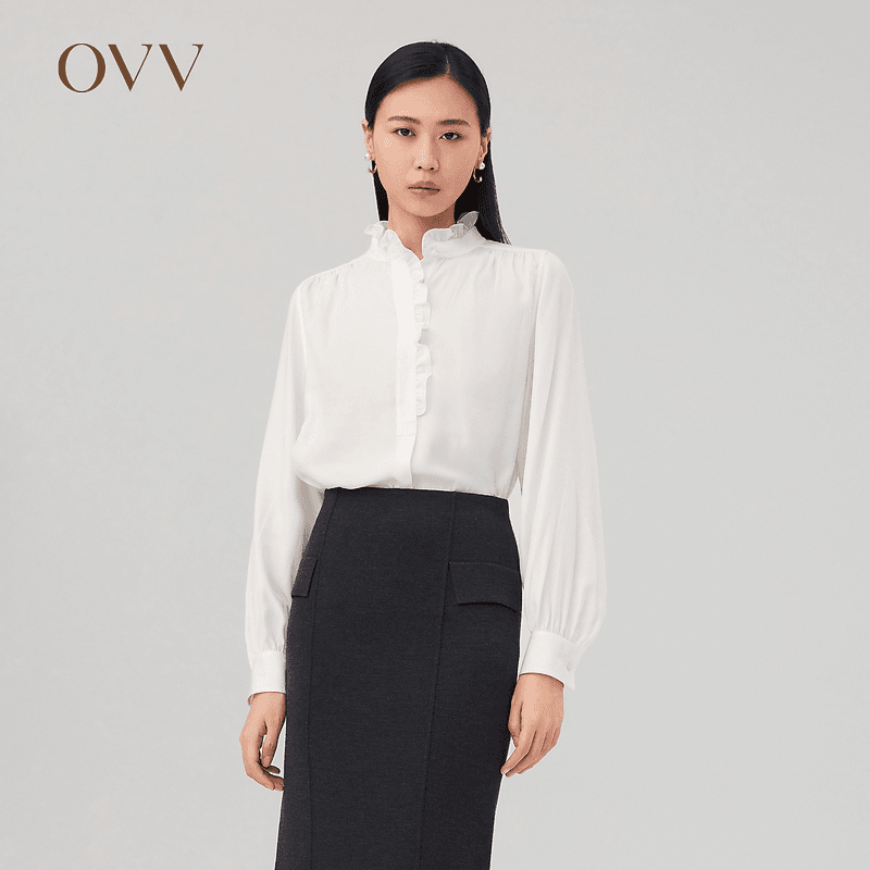 OVV2023秋冬新款女装肩部缩褶优雅木耳花边立领长袖休闲衬衣