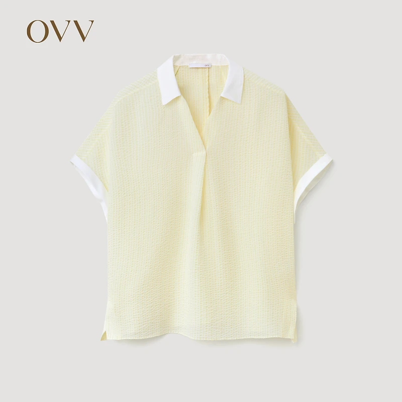 OVV春夏热卖女装三醋酸混纺泡泡纱V领短袖衬衫GNSBJ009A