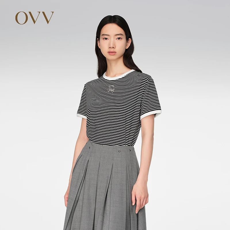 OVV春夏热卖女装星空刺清爽条纹休闲短袖T恤GNTBJ007A