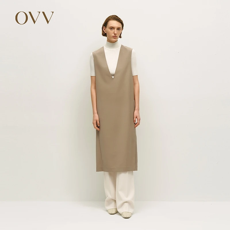 OVV24秋冬新女装时尚深V领简约羊毛混纺背心连衣裙GQLWJ34105A