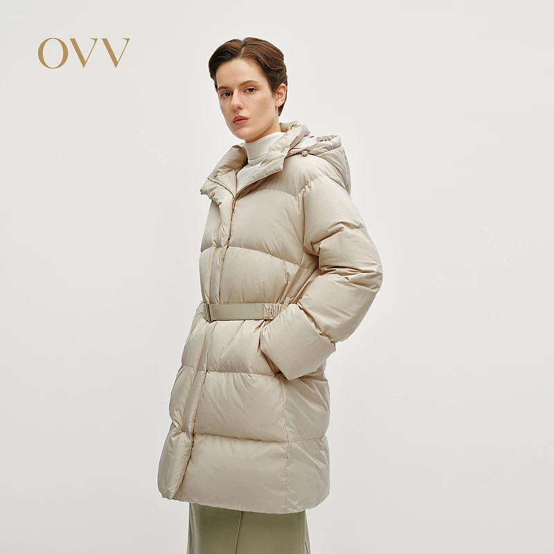 OVV秋冬新女装大横格绗线高领可拆卸连帽羽绒服外套GWRAJ44114A