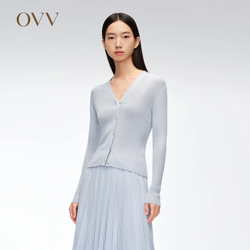 OVV春夏新款女装修身V领单排扣长袖针织衫外套GWZAJ14011A