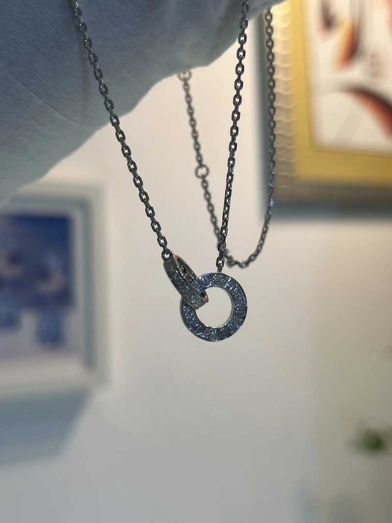 坠链均925银莫桑石 满钻双环项链纯手工镶嵌镀真白金不氧化不掉色