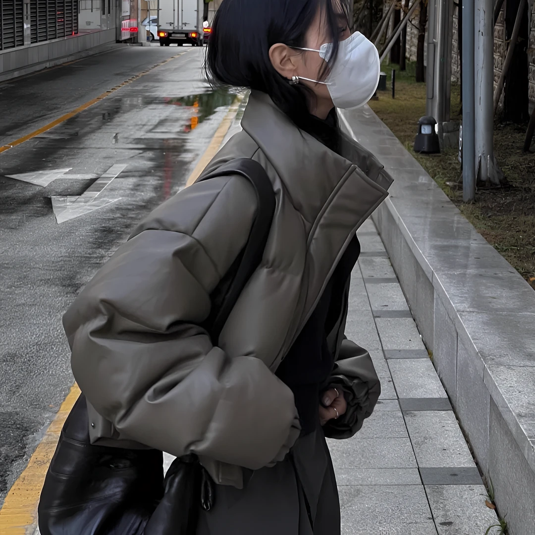 欧美风短款宽松显瘦加厚PU小个子蛋白皮肯豆同款棉服春秋刷街潮流