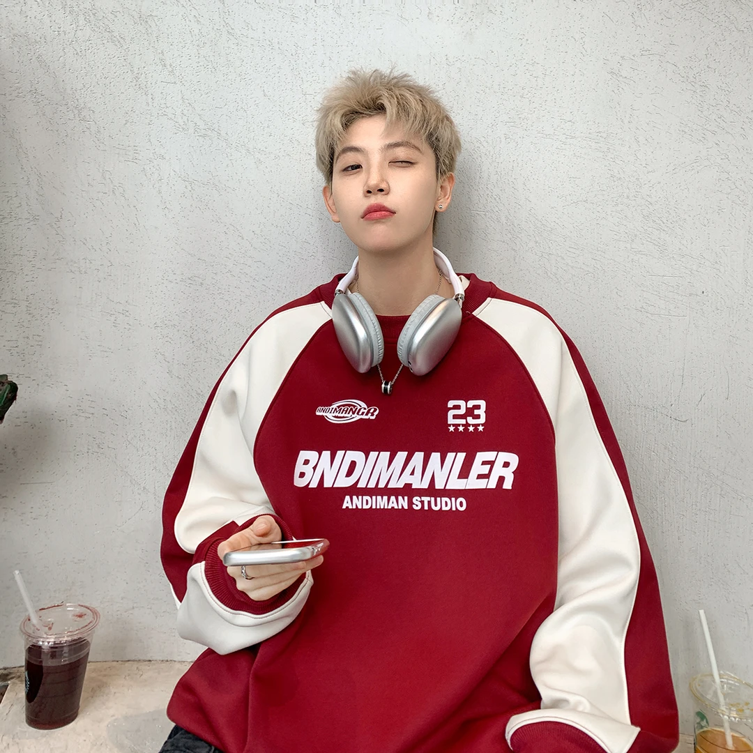 340克重磅潮牌秋冬季美式高街宽松休闲卫衣男拼接撞色机车服外套