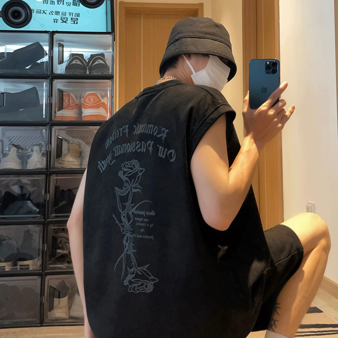 美式烧花背心男款运动宽松无袖t恤夏季ins潮牌坎肩百搭中性风上衣