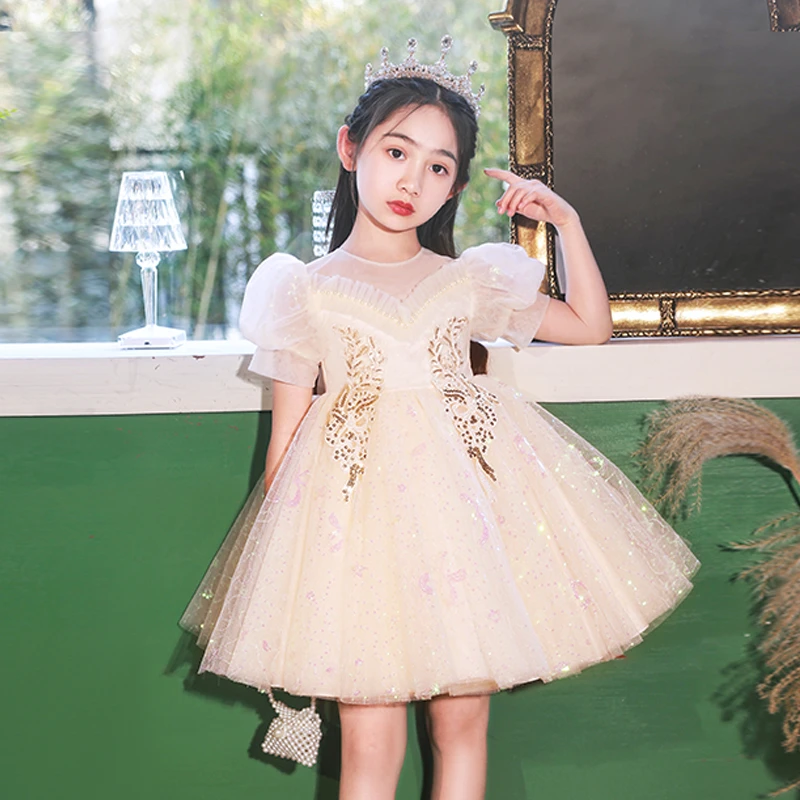 A365女童公主裙女童纯色儿童生日公主礼服连衣裙渐变丁达尔风裙子