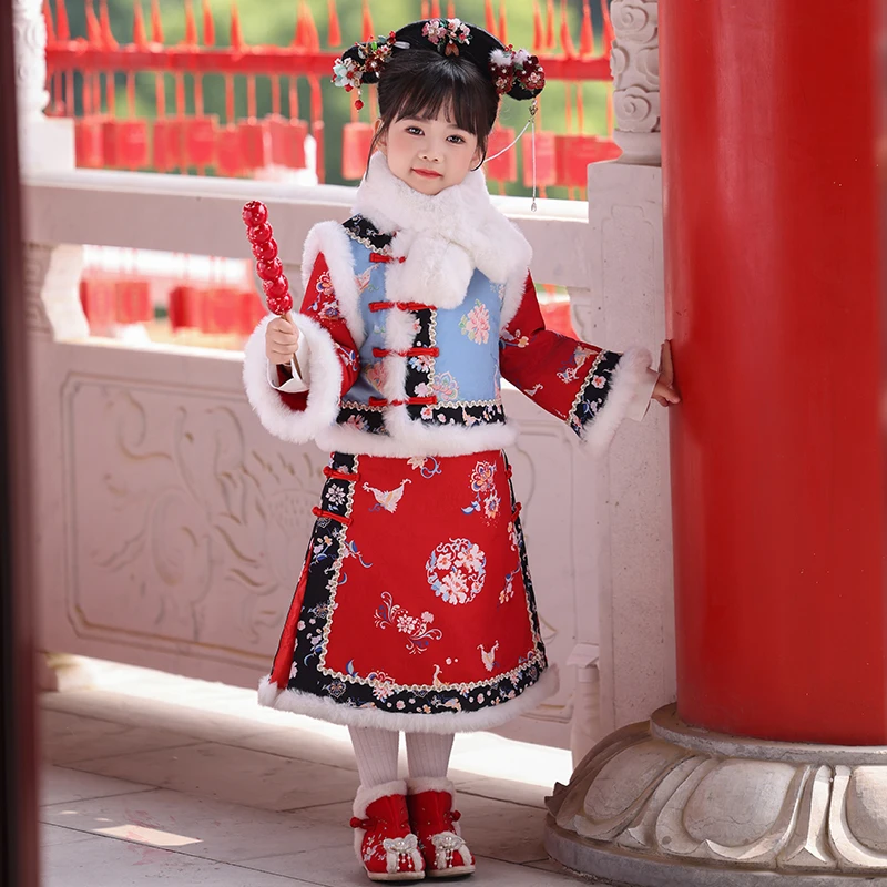 99515女童冬款加厚保暖中国风夹棉格格装新中式装软糯连衣裙子