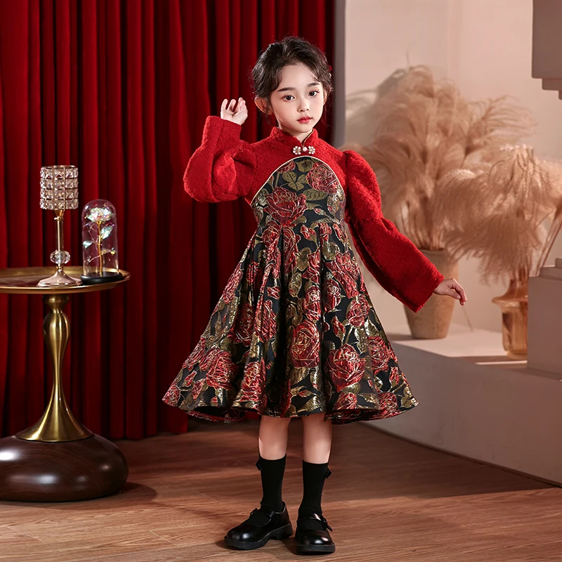 7815女童冬款加绒加厚中国风儿童装唐装软糯旗袍保暖精致连衣裙