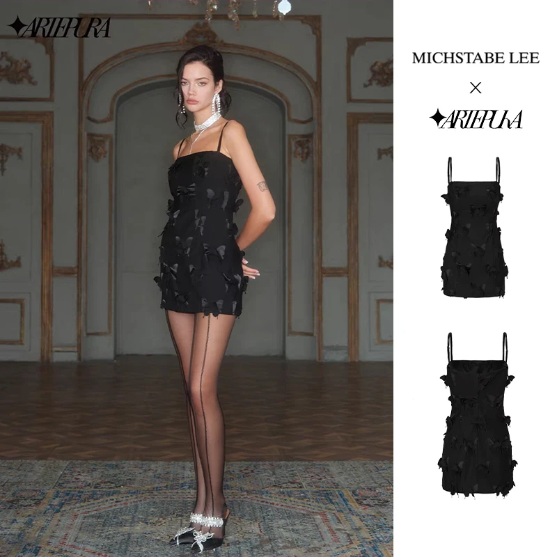 ARTE PURA24AW黑色蝴蝶切割吊带裙修身连衣裙气质短裙