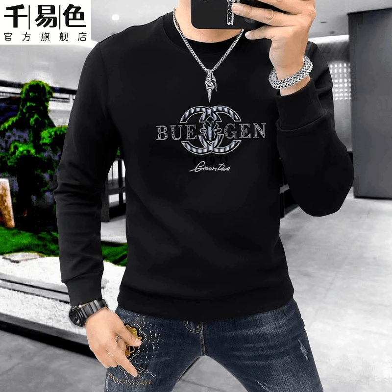 欧洲站卫衣男装士圆领2025新款春秋冬季加绒长袖T恤欧货烫钻亮片