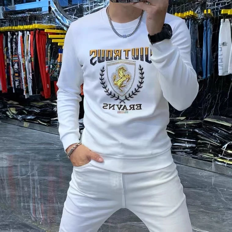 男士ins潮T恤长袖圆领烫钻欧洲站卫衣秋冬季套头打底衫上衣服秋衣