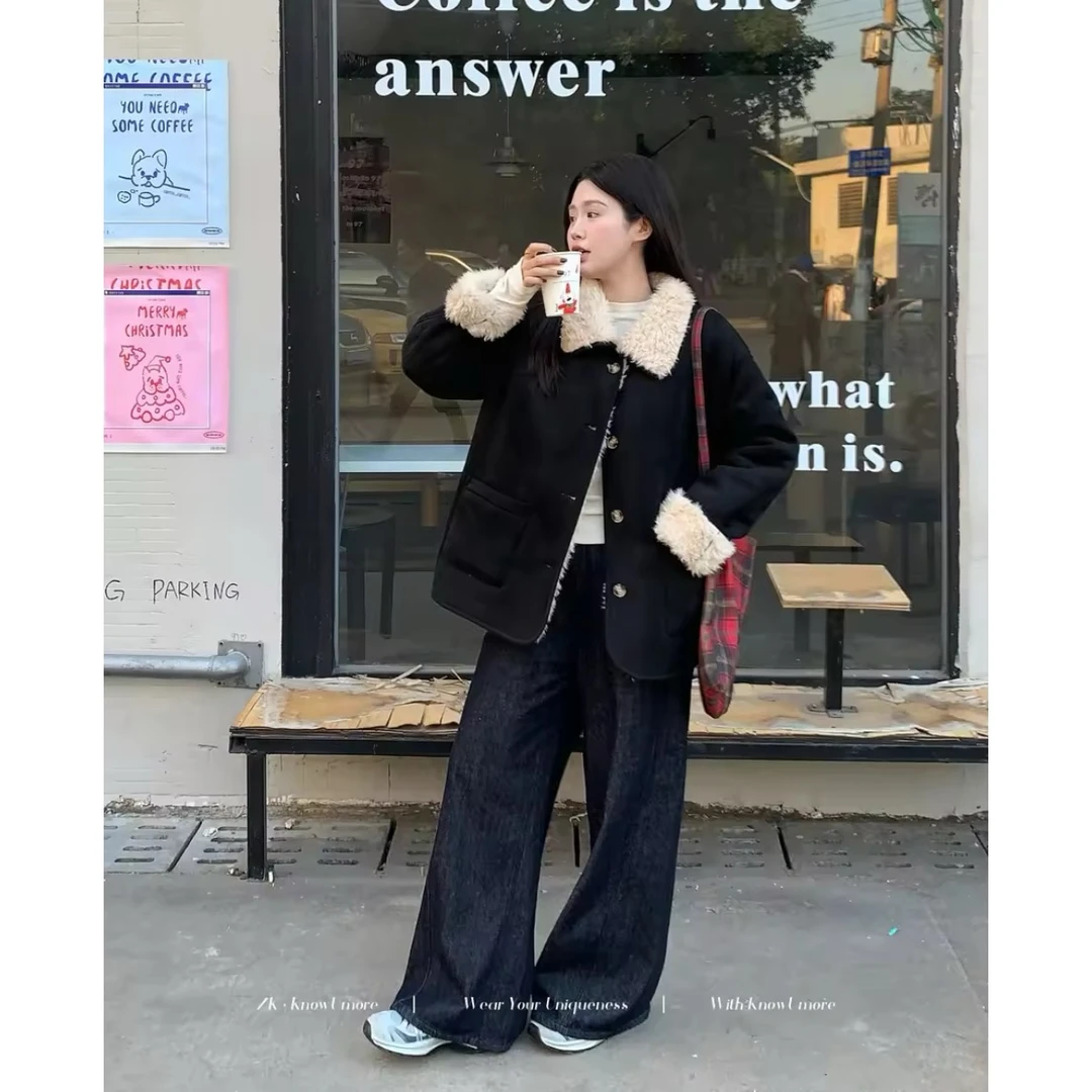 知葵微胖定制【丹宁战裤】秋冬立体剪裁深蓝弯刀牛仔裤12243N1945