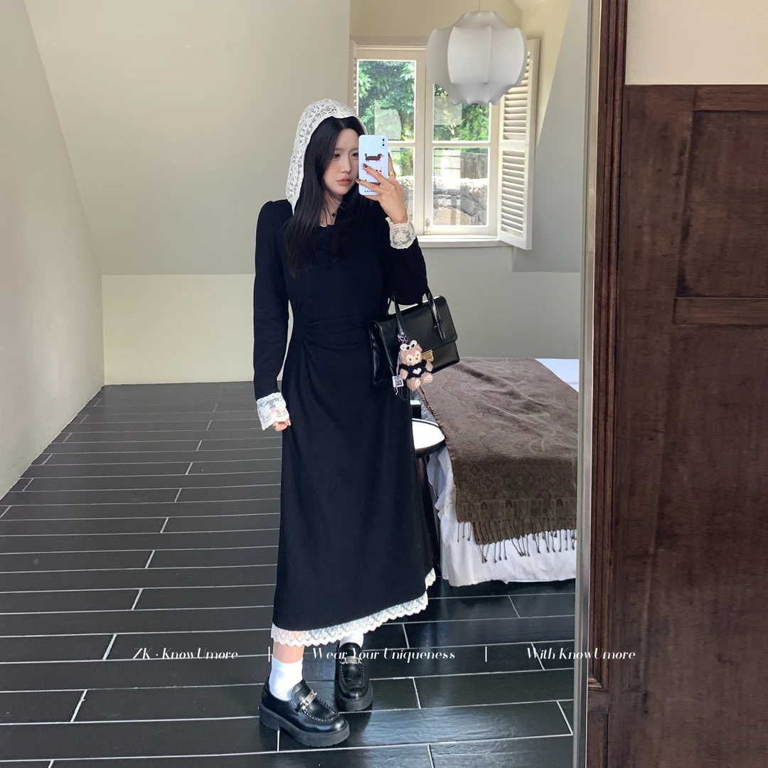 知葵微胖定制【少女信使】韩系温柔蕾丝拼接连帽长裙12243L1801